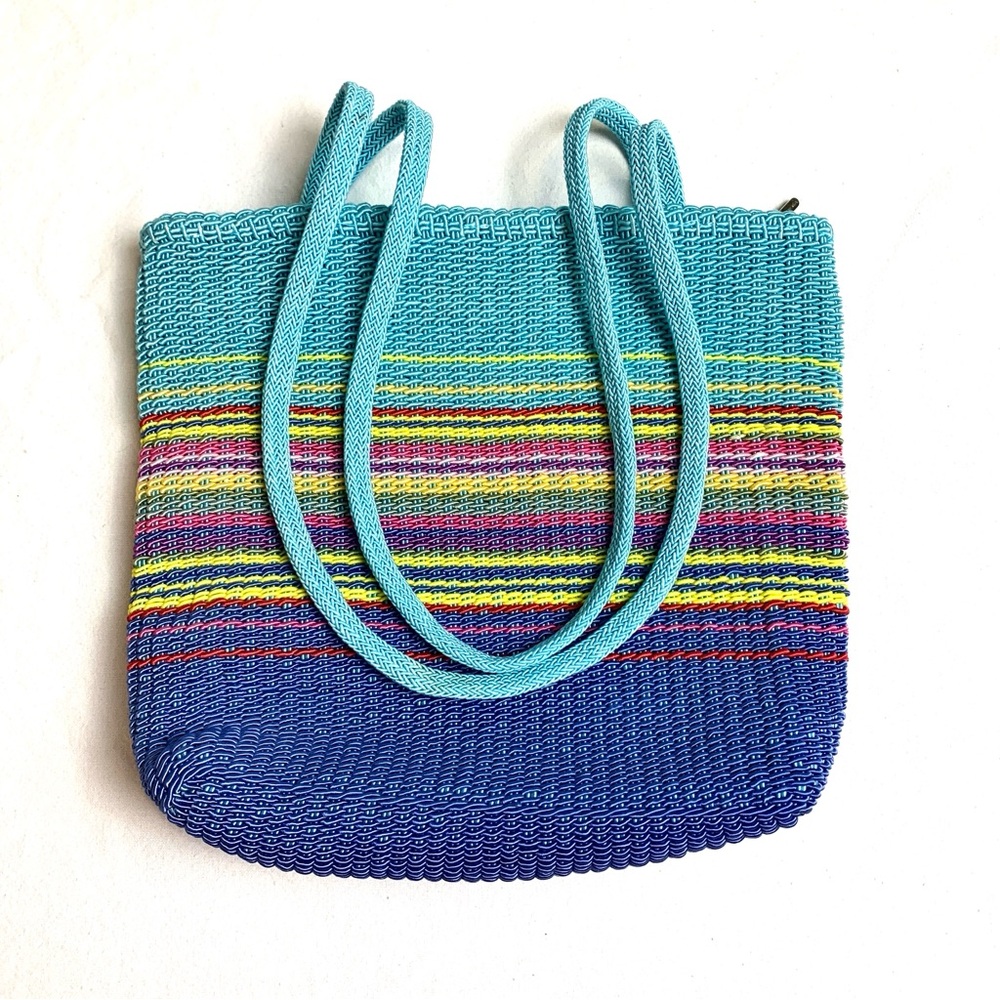 Stone Mountain Colorful Blue Multi Striped Woven Shoulder Bag Beach Tote Summer
